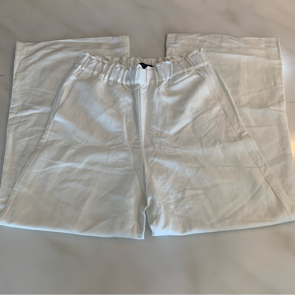 Women’s White Ann Taylor High-Waisted Wide Leg Linen Pants W/ Stretch Waist Band